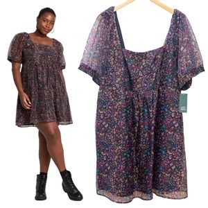 NWT Wild Fable Black Floral Organza Puff Sleeve Dress - Size 2X